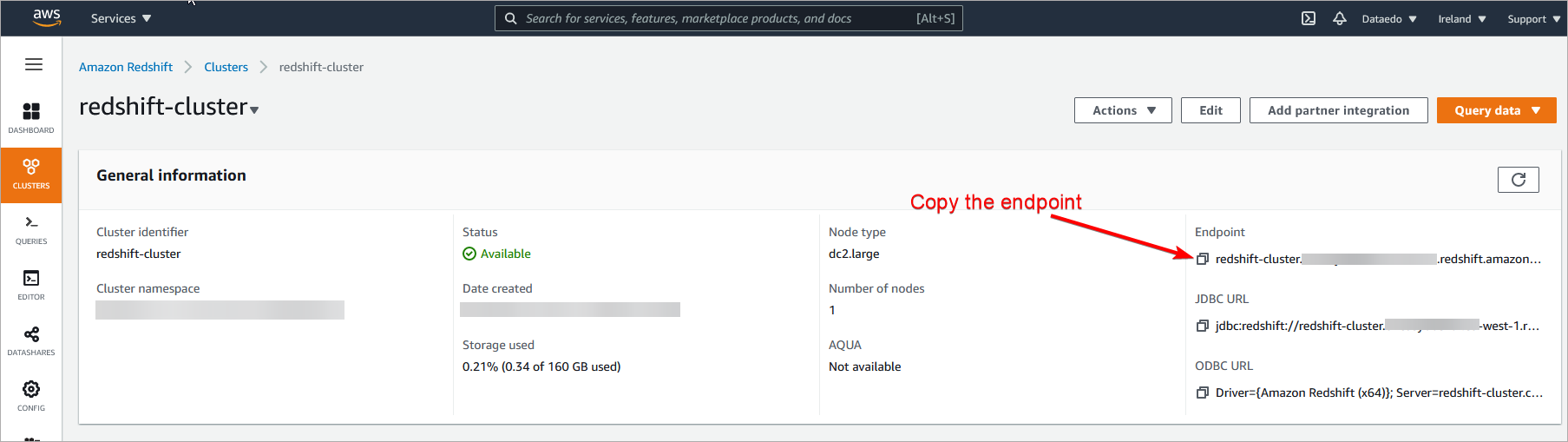 AWS Console Redshift details