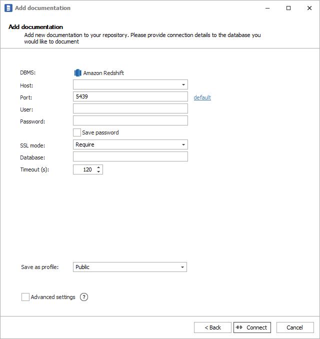 Amazon Redshift connection form