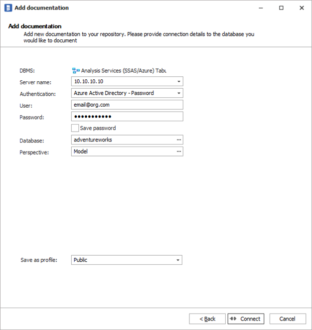 SSAS Tabular connection form