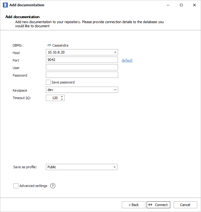 Cassandra connection form