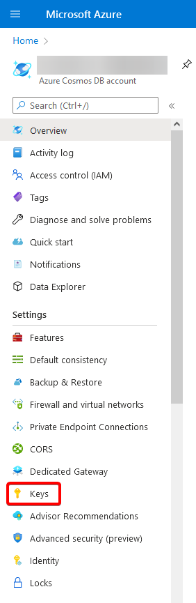Azure Portal Keys settings