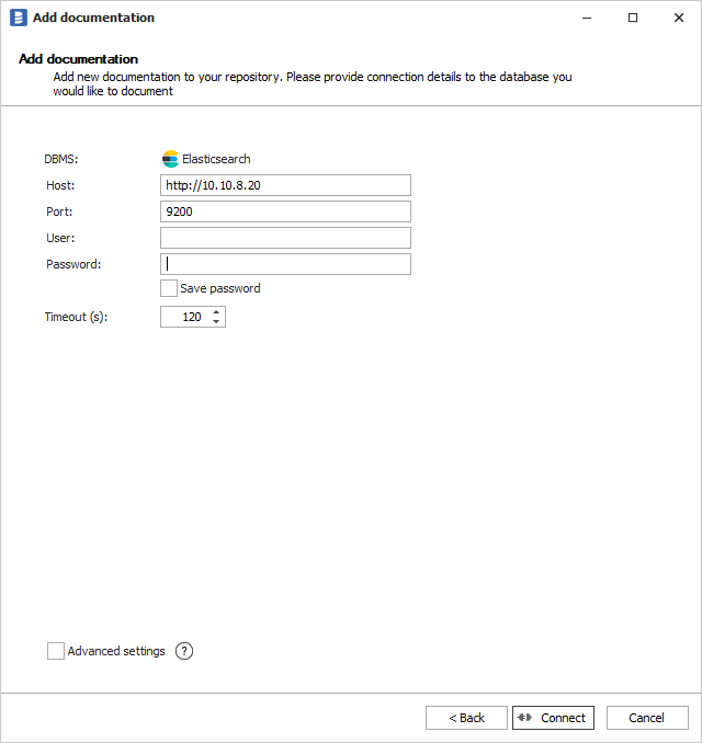 Elasticsearch connection form