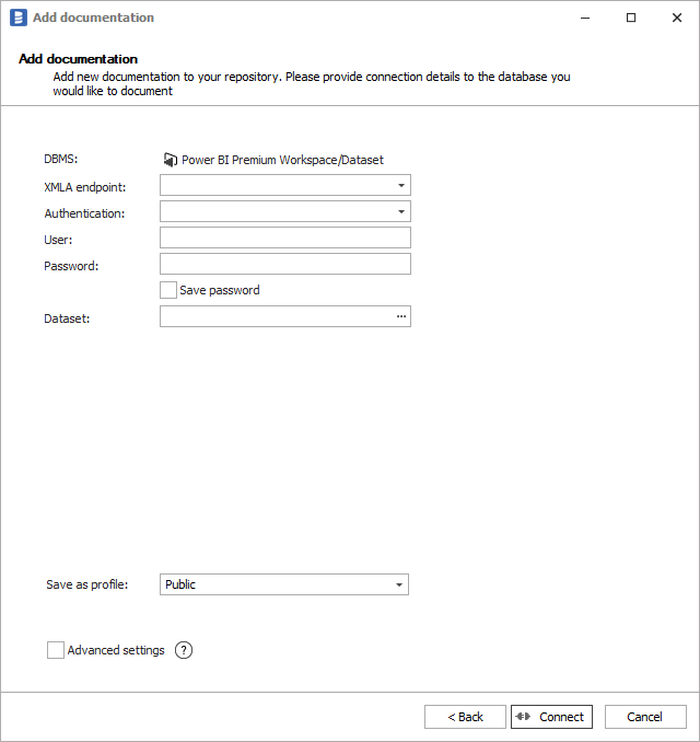 Power BI connection form
