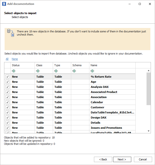 Power BI objects list